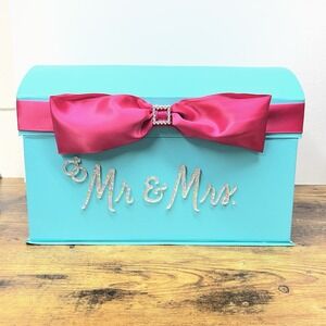 Wedding Card Box Mr & Mrs Teal Pink Bow Rhinestone Bridal Shower Reception Decor